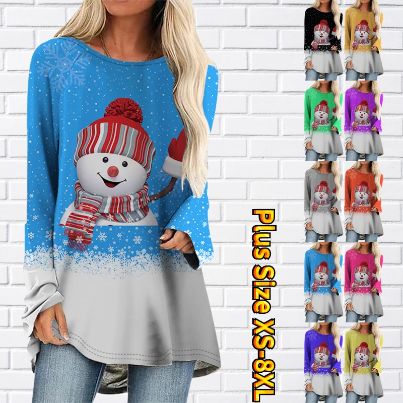 

Женская Повседневная Свободная футболка, Рождественский пуловер с длинным рукавом и круглым вырезом, с принтом снеговика, Осень-зима 2022