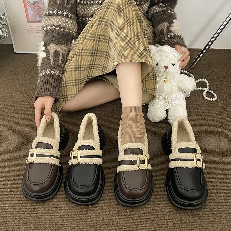 

Winter Shoes Women British Style Autumn Clogs Platform Loafers With Fur Casual Female Sneakers Slip-on Oxfords Round Toe New Pre