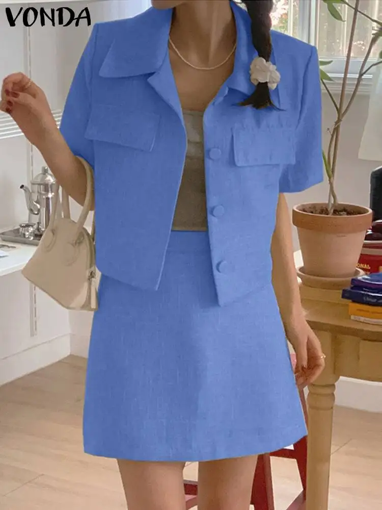 

Элегантные комплекты платьев 2023, Модный женский однотонный блейзер с юбкой и коротким рукавом, костюмы с блейзером, женские комплекты с мешковатой юбкой