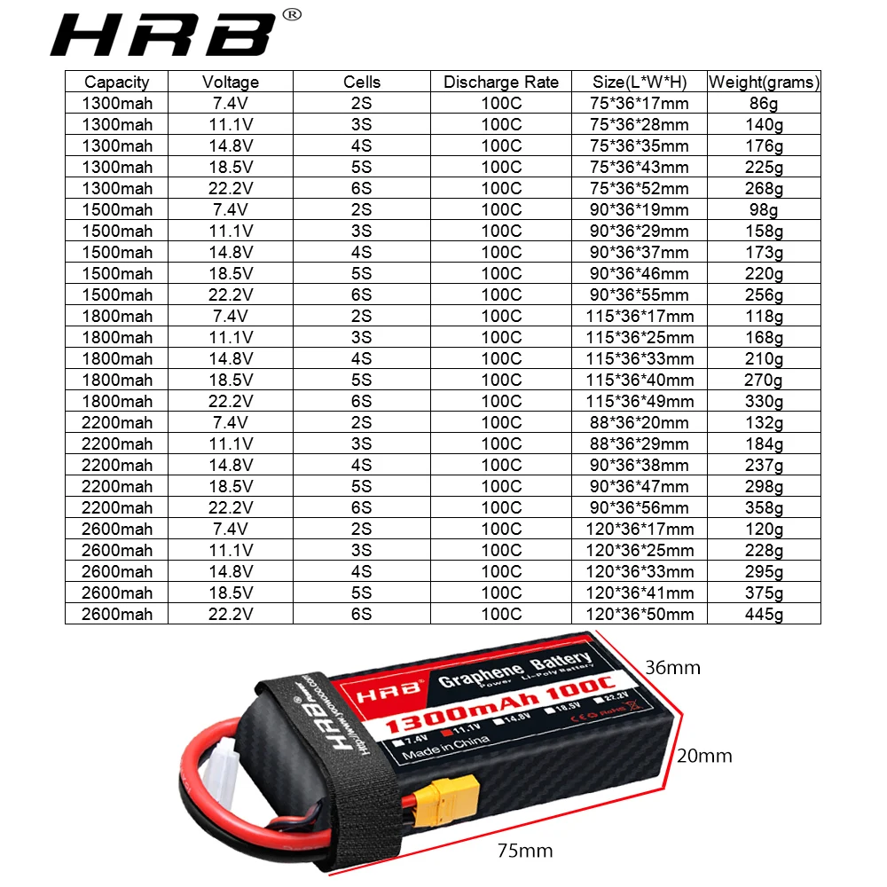 Фото 2PC HRB 2S 3S 4S 6S Графеновый аккумулятор 1300 мАч 1500 мАч 1800 мАч 2200 мАч 2600 мАч 100C Графеновый аккумулятор RC Lipo с вилкой Deans XT60 №2