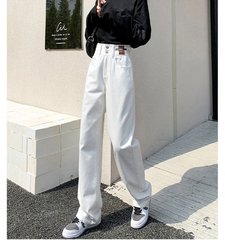 

Женские белые джинсы, прямые брюки с широкими штанинами, повседневные женские джинсы с завышенной талией, хлопковые удобные брюки с перекре...