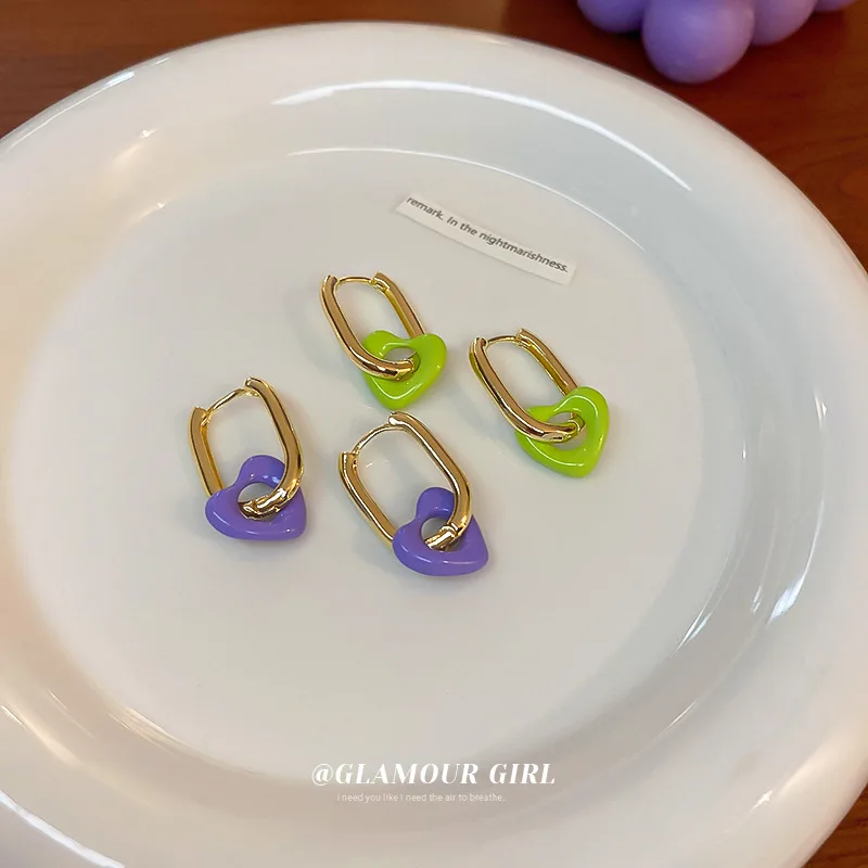 

Minar Cute Romantic Green Purple Color Heart Shaped Hoop Earrings for Women Golden Hooks Love Hanging Earring Korean Jewelry