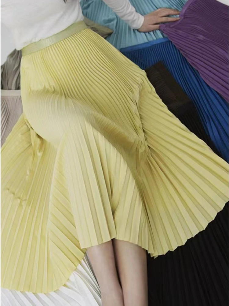 

Spring Drape Long Pleated Skirts High Quality Candy Solid A-line Pleated Calf Skirts 20 Colors