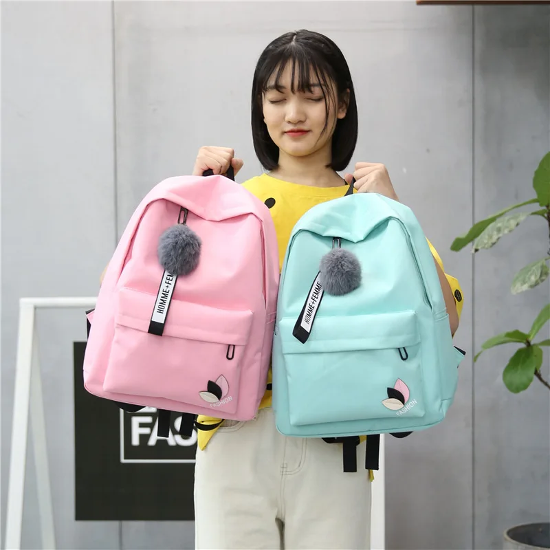 

Korean Nylon Casual Women Backpack Canvas Book Bags Preppy Style School Back Bags for Teenage Girls Fur Ball Toy Bag