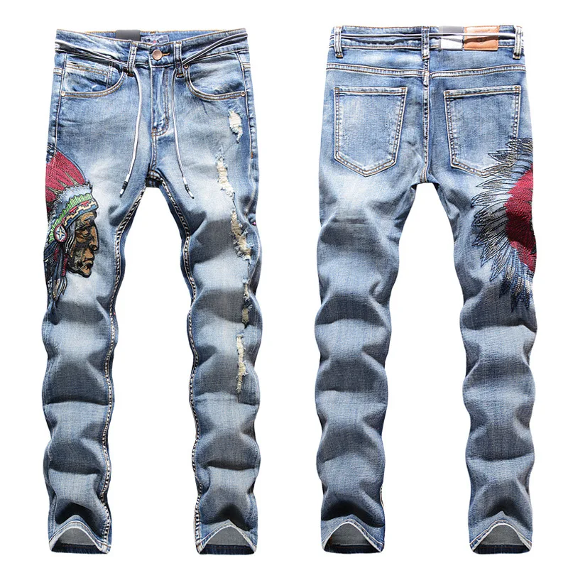 New Fashion Men's Jeans Indian Embroidery Hole Grinding Straight Elastic Jeans Streetwear Men Denim Pants