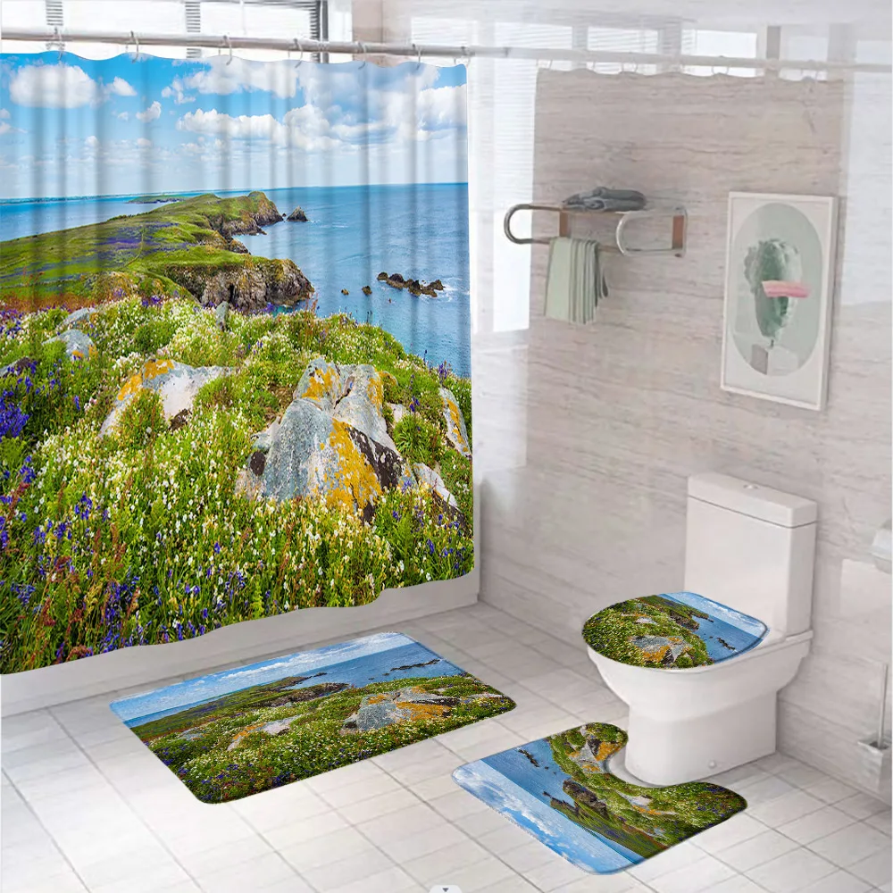 Занавеска для душа с морскими звездами ракушками и ковриком