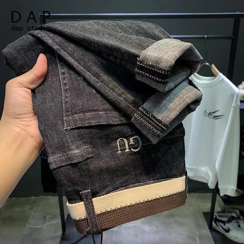 

High quality men autumn and winter new elastic jeans gray tide brand letter embroidery loose micro harem croppedpants sweatpants