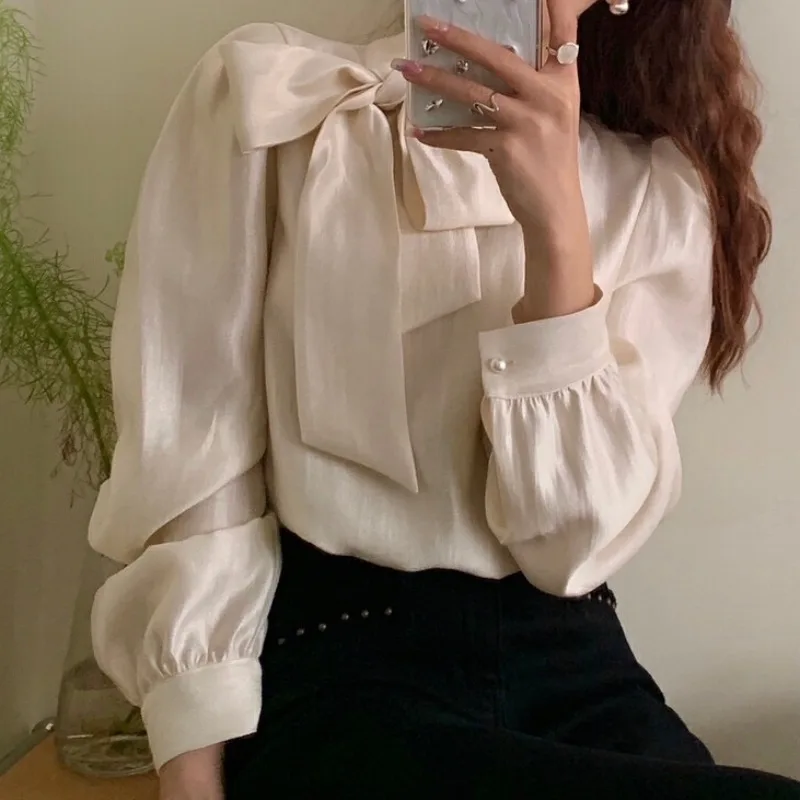 Винтажные женские рубашки Matakawa с бантом однотонные весенние и осенние офисные