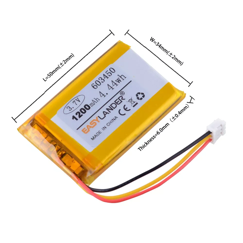 

JST PH 2.0mm 3pin 3.7V 1200mAh 603450 Lithium Polymer LiPo Rechargeable Battery replacement for HS70 Corsair headset