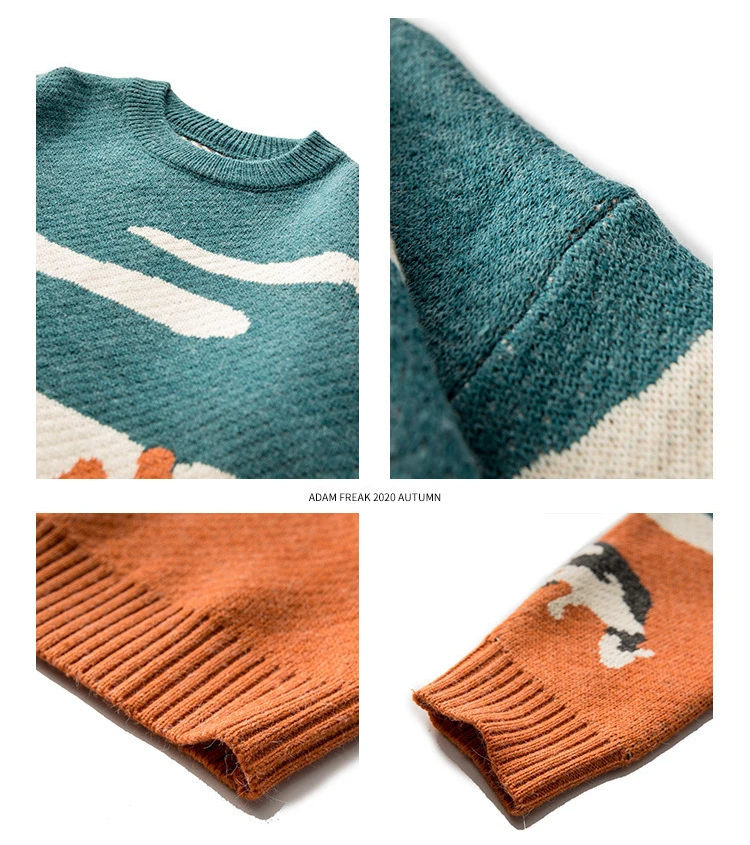 Harajuku Cow and Prairie Man Knitted Sweaters Literary Style O-Neck Long Sleeve Thick Warm Pullovers Green Plush Loose Jumpers