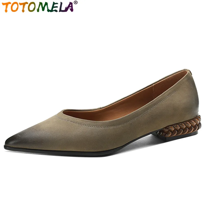 TOTOMELA 2023 New Size 34-43 Vintage Sheepskin Shoes Woman Slip On Square Low Heels Shoes Shallow Ladies Dress Pumps