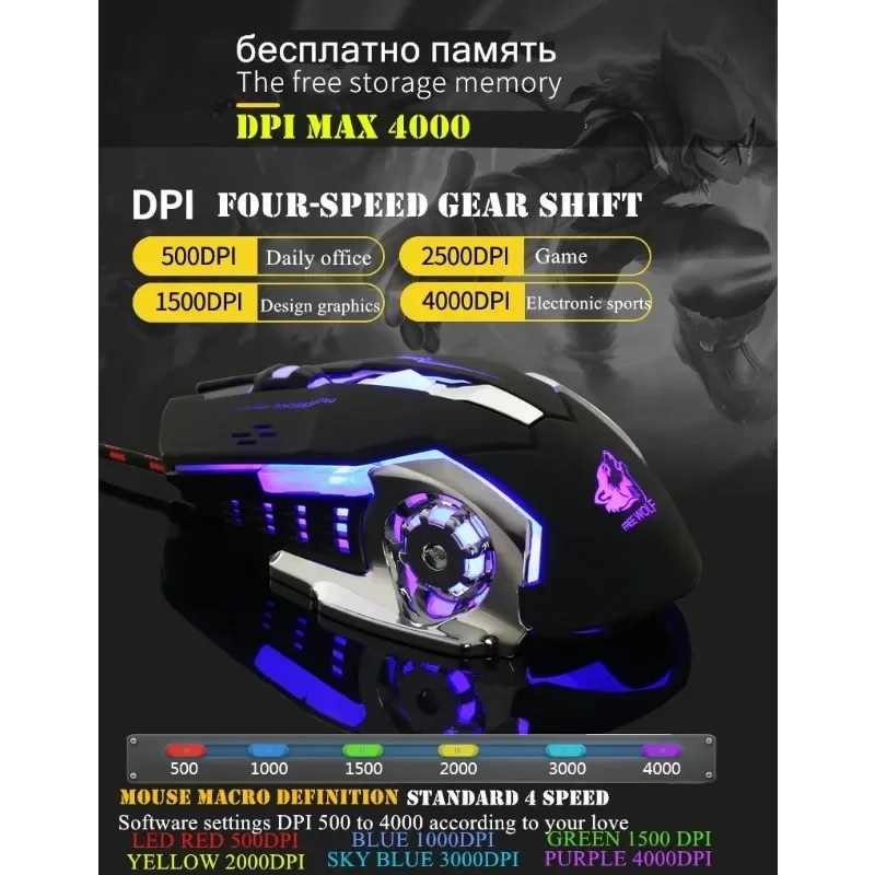 Проводная игровая мышь регулировка 4 точек на дюйм (500–4000 дюйм) с 7 светодиодами