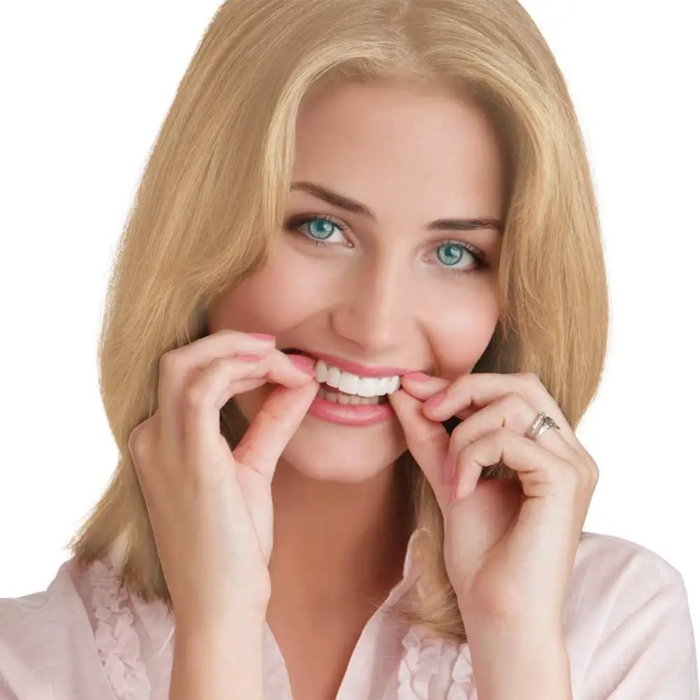 Denti perfetti che imbiancano la copertura del dente falso Snap On impiallacciature di sorriso in Silicone denti strumento di bellezza superiore denti cosmetici 2 pezzi