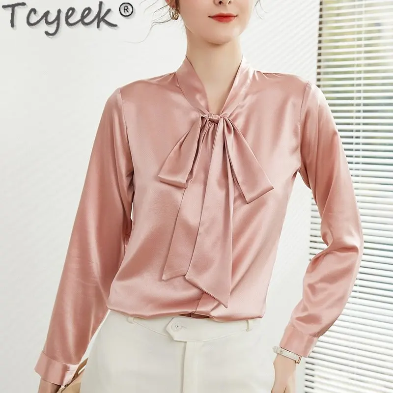 

Рубашка Tcyeek женская с длинным рукавом, Элегантная блузка из шелка тутового шелкопряда с бантом, одежда для женщин, лето-весна 92%
