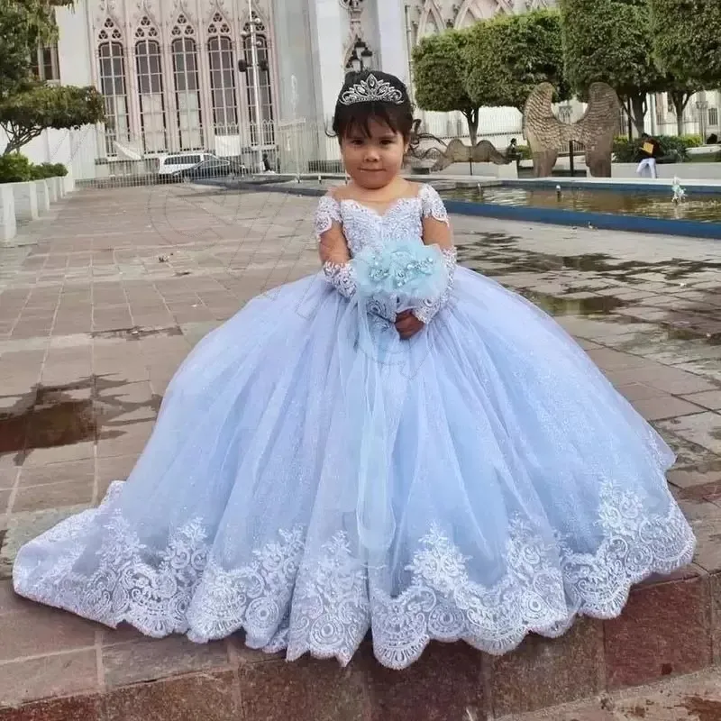 

Light Sky Blue Puffy Flower Girl Dresses Long Sleeves For Wedding Lace Appliqued Toddler Pageant Ball Gown Tulle Custom Made