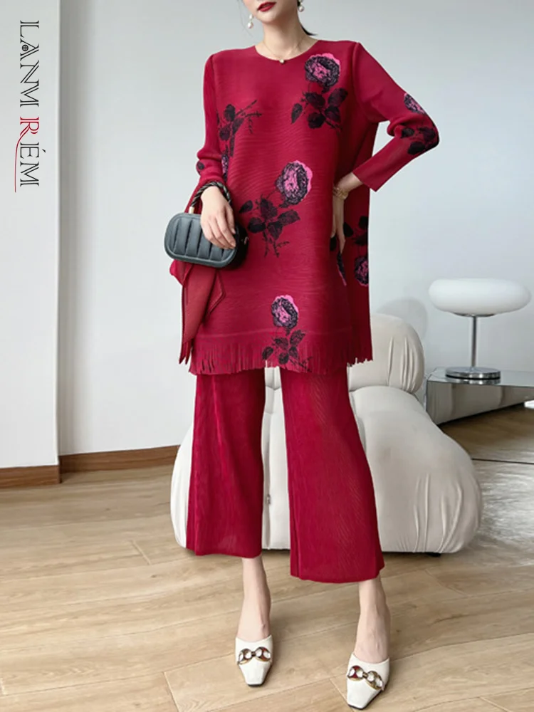 

Женский плиссированный комплект из 2 предметов LANMREM, топ с круглым вырезом и длинными рукавами и кисточками, брюки с высокой талией, новинка 2023, 2YA3775