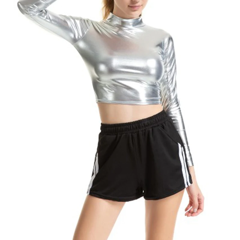 

Women Liquid Metallic Long Sleeve Crop Top Punk Turtleneck Holographic T Shirt Cropped Tops For Rave Club Dance Mock Neck Shirt