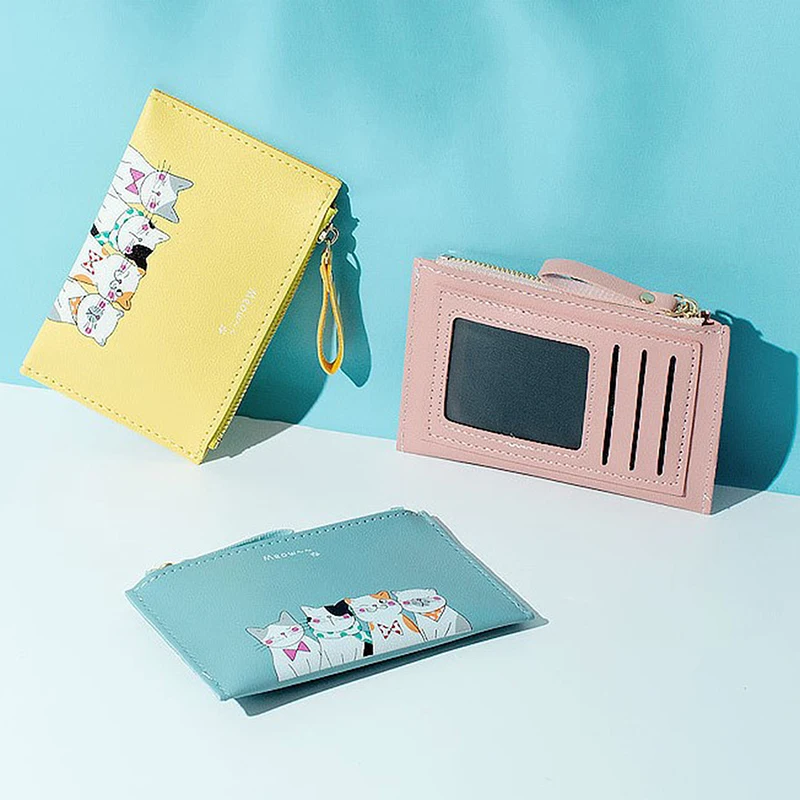 

New Women's Wallet Ultra Thin Leather Purse Bank Card Holder Bag Cute Cartoon Cat Zipper Coin Purse Simple Thin Card Holder