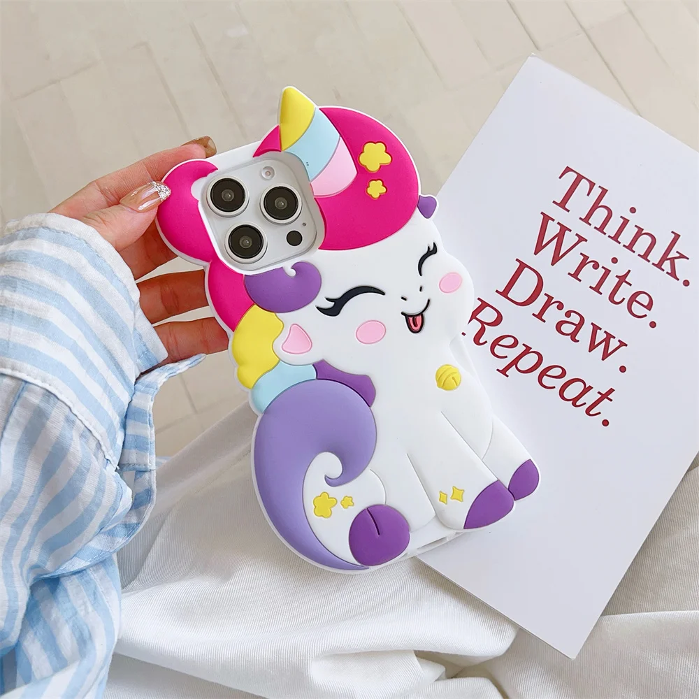 Cute 3D Cartoon Rainbow Unicorn Horse Case For iPhone 12 13 14 15 Pro Max Soft Silicone Anti Fall Cover Phone Cases