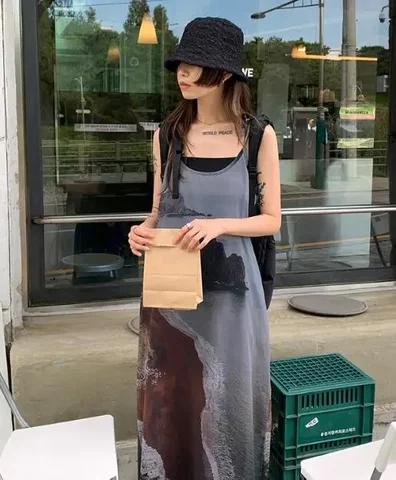 Neploe E-Girls Y2K персонализированное винтажное пляжное платье с принтом Vestidos 2000-х годов уличная одежда нишевое тонкое слегка прозрачное платье на подтяжках