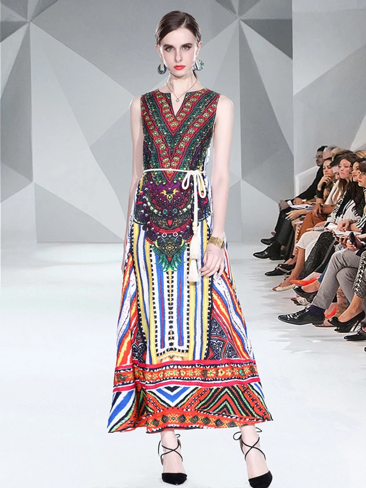 

Summer New V-neck Ethnic Style Printed Loose A- line Dress Vic Skirt Side Pocket Long Dress