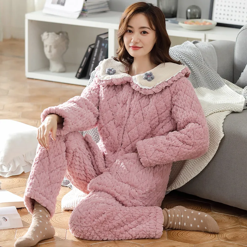 Winter Women Pajamas Set Thickened Flannel Sleepwear Sweet Coral Fleece Nightwear Trouser Suits Loose Casual Home Clothes