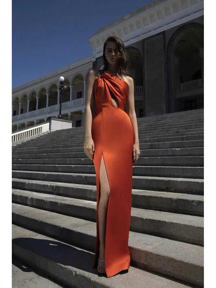Women One Shoulder Hollow Out Long Dress Orange Sexy Sleeveless Cutout High Split Slim Dress Evening Celebrity Party Club Dress