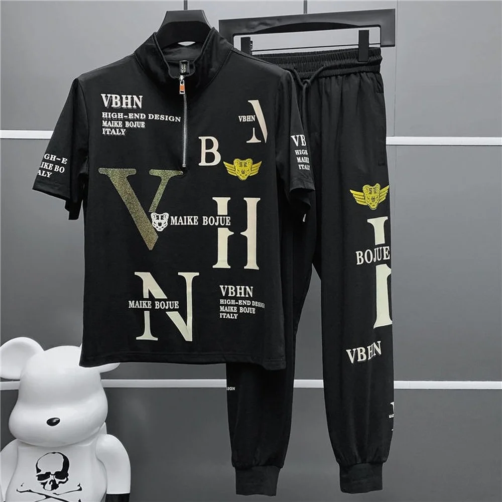 Summer Zipper High-neck Men's Suit, Printed Sports and Leisure T-shirt and Trousers Two-piece Suit. Jogging Suit Sportswear