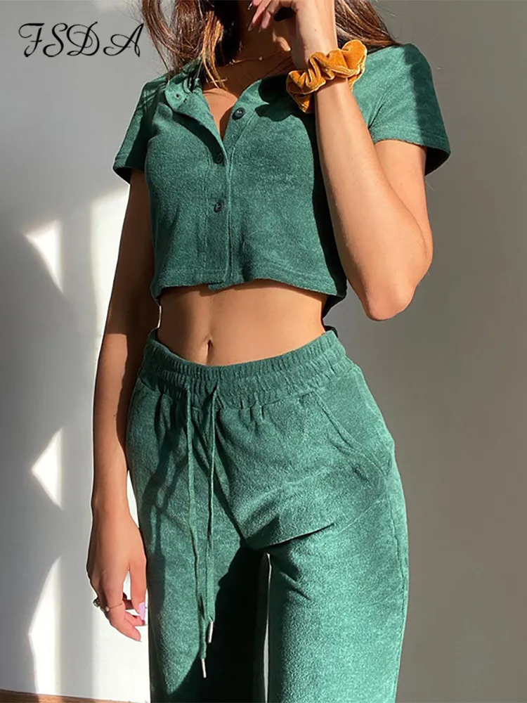 

FSDA Green Women Summer Set Short Sleeve Crop Top Shirts And Pants Y2K Sexy Two Piece Sets Casual Tracksuit Outfits Fashion