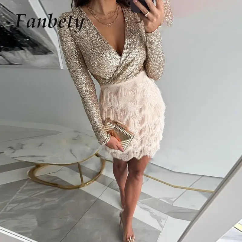 

Luxury Women Sequins Sling Club Dresses New Elegant Patchwork Tassel Wrap Female Dress Trend Women Off Shoulder Slim Mini Dress