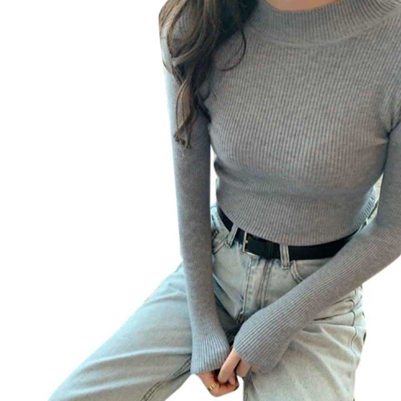 

Женские пуловеры, свитер с воротником «хомут», Осенний облегающий вязаный простой базовый однотонный джемпер в рубчик с длинным рукавом, То...