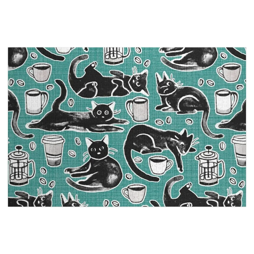 Деревянный пазл &quotЧерные коты и кофе на бирюзе&quot 300 деталей