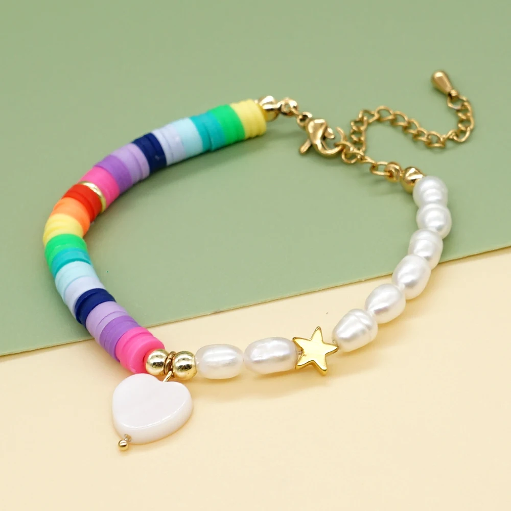 

Shinus Heart Charm Bracelet Freshwater Pearl Heishi Bracelets for Women Rainbow Polymer Clay Beaded Pulsera Summer Jewelry