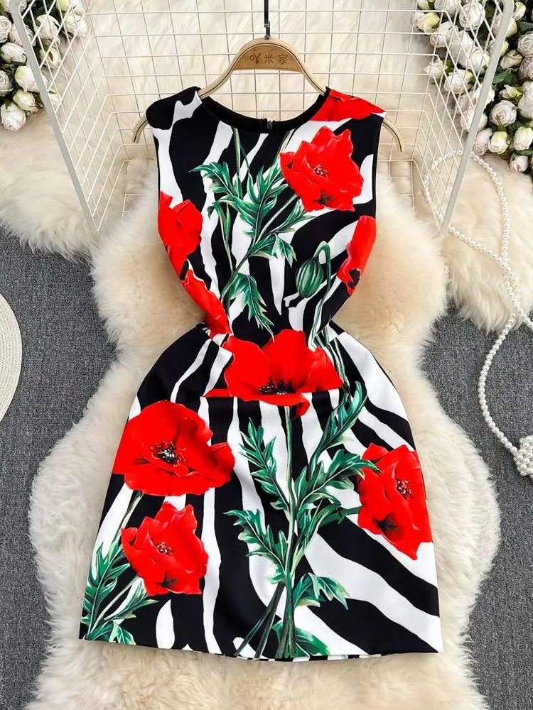 

Fashion Runway Summer Short Dress Women's O-Neck Sleeveless Elegant Blue And White Porcelain Flower Print Tank Vestidos