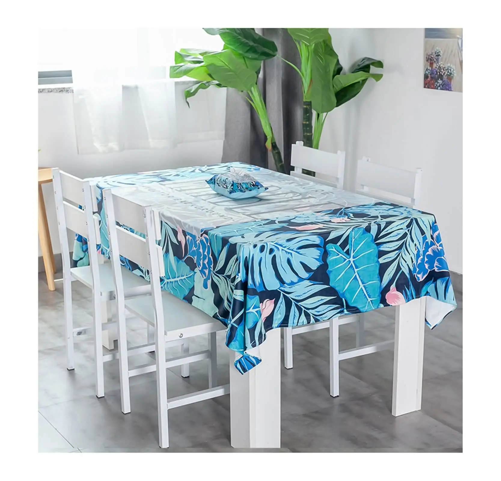 

Cotton Linen Tablecloths, Waterproof Table Covers Tropical Leaves Blue Dining Table Coffee Table Deco