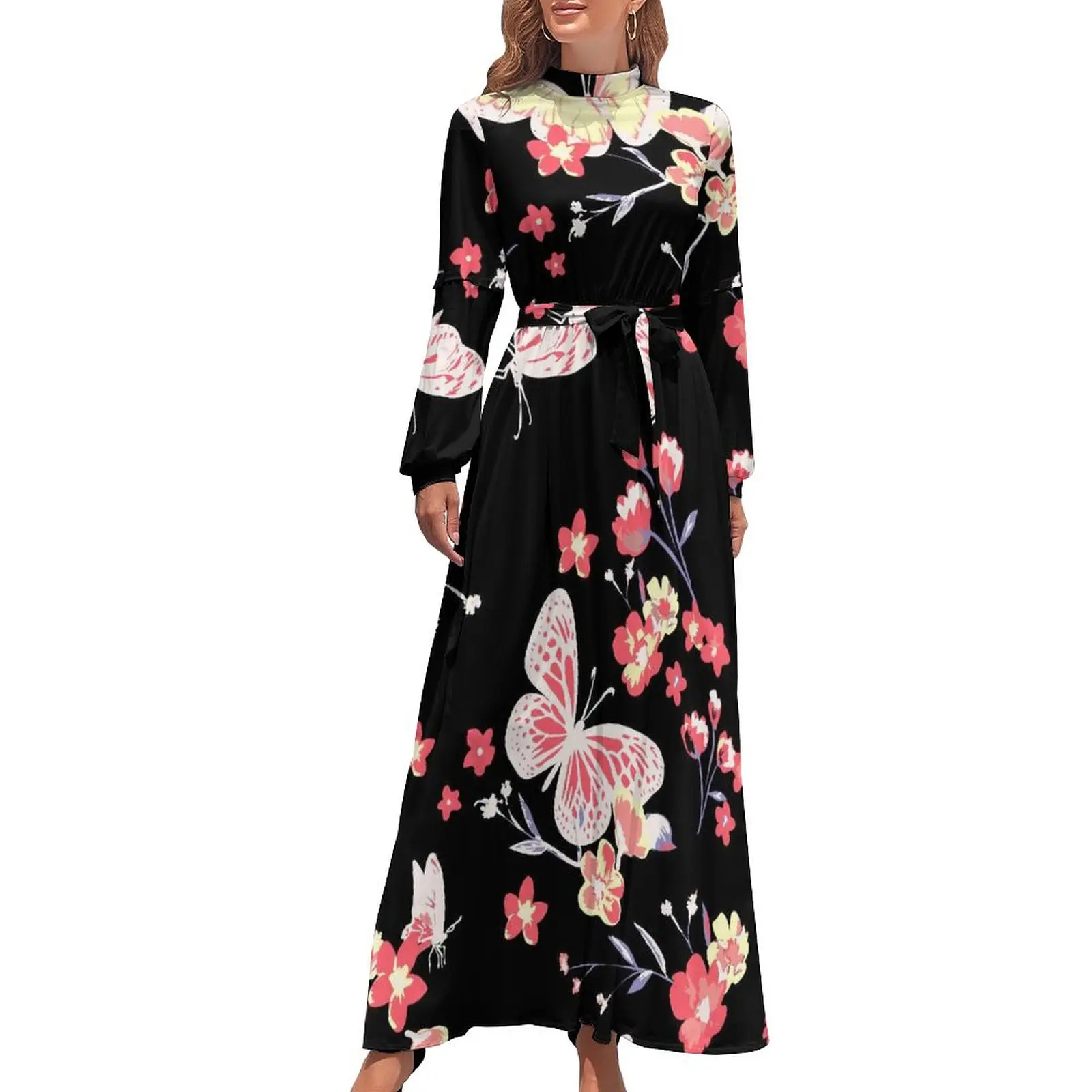 

Butterfly Dress High Neck Pink Floral Print Printed Boho Beach Dresses Long Sleeve Street Style Long Maxi Dress Sexy Clothing
