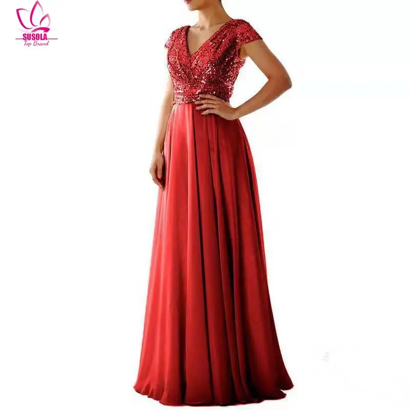 Вечернее платье с V-образным вырезом и золотыми блестками макси-платья длиной до