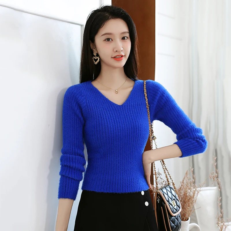 

Korean Fashion Blue Thick Fuzzy Slim Women Sweater Pullovers Short 8 Colors Vintage Elegant Rib Knit Jacket Tops Comfortable