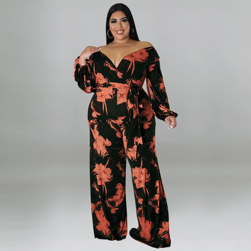 Plus Size Women's Clothing 2022 Autumn Fashion Casual Printing V-neck Off-shoulder Ladies Jumpsuit XL-5XL Loose Pants