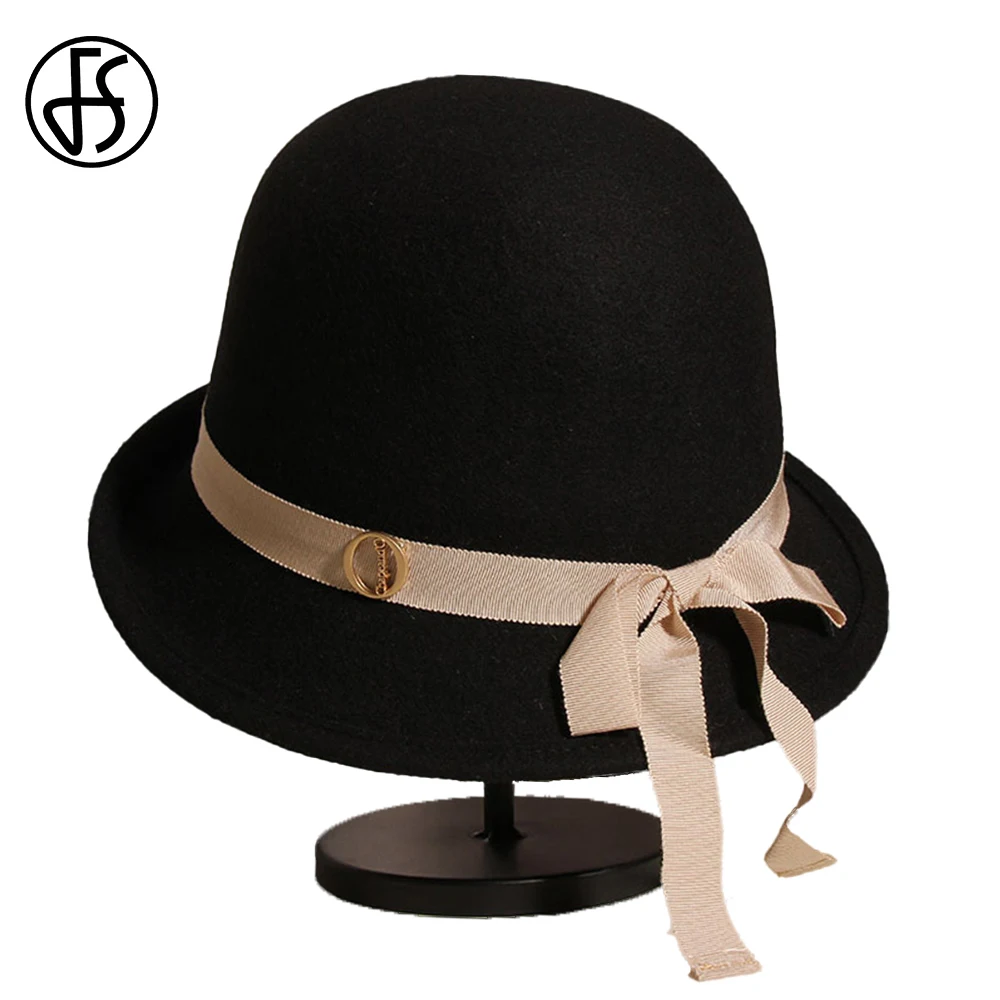 

FS Versatile Basin Hats For Women With Bow Elegant Curl Brim Wool Felt Fisherman Cap Ladies Autumn Winter Floppy Bowler Fedoras
