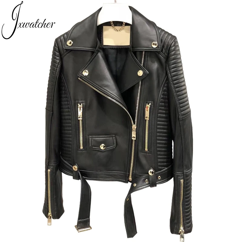2020 New Luxury Genuine Leather Jacket Women Black Fashion Slim Motorcycle Biker Real Sheepskin Leather Short Coats Belt Female