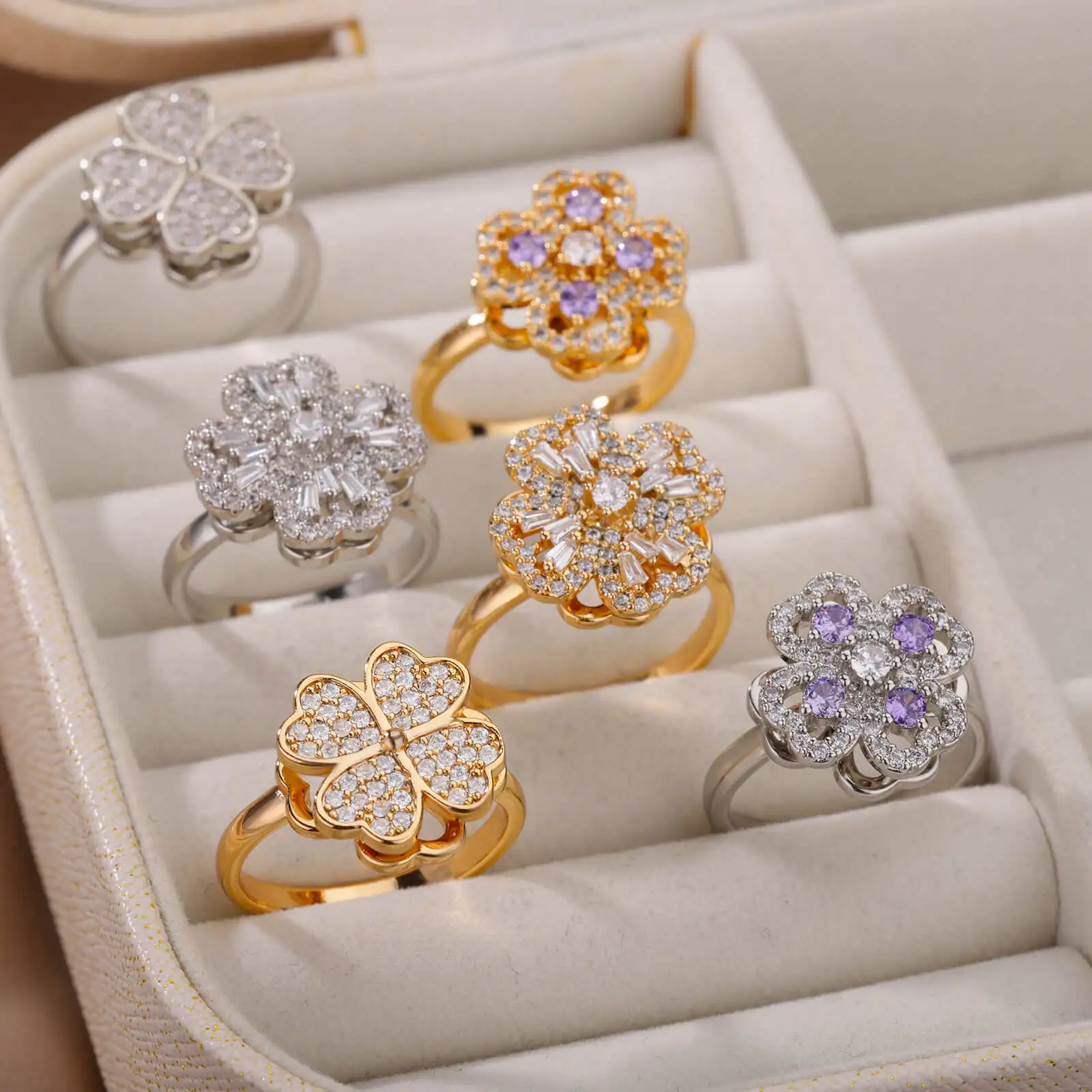 

Gold Sliver Rotating Zircon Flower Open Ring for Women Resizable Opening Ring for Women Luxury Jewelry Wedding Bridesmaid Gift