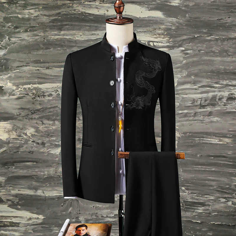 

4XL 5XL Men's Stand Collar Chinese Style Wedding Dragon Totem Embroidered Suit 2 Piece Suit Set Jacket Vest Pants Men's Coat