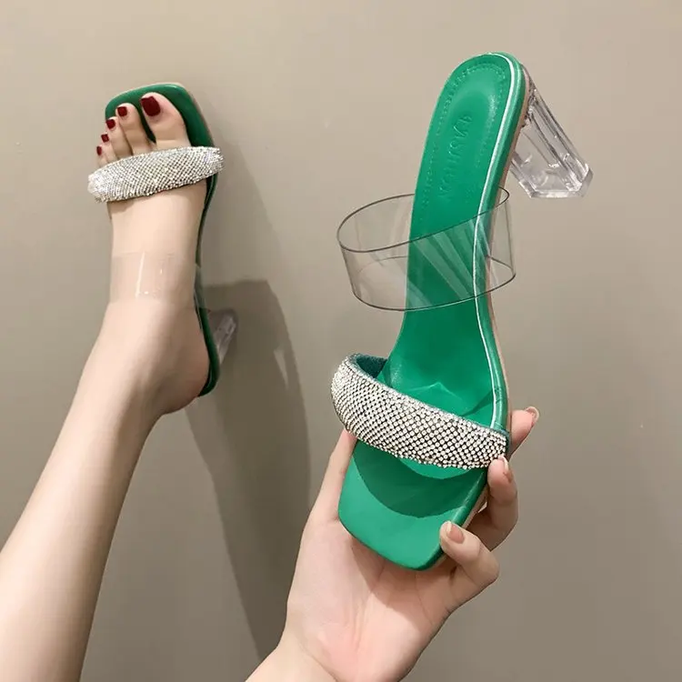 

High Heel Sandal for Women Buckle Strap Pvc Shoes 2022 Summer High-heeled Silver Fashion Plastic Girls Rhinestone Clear Outside