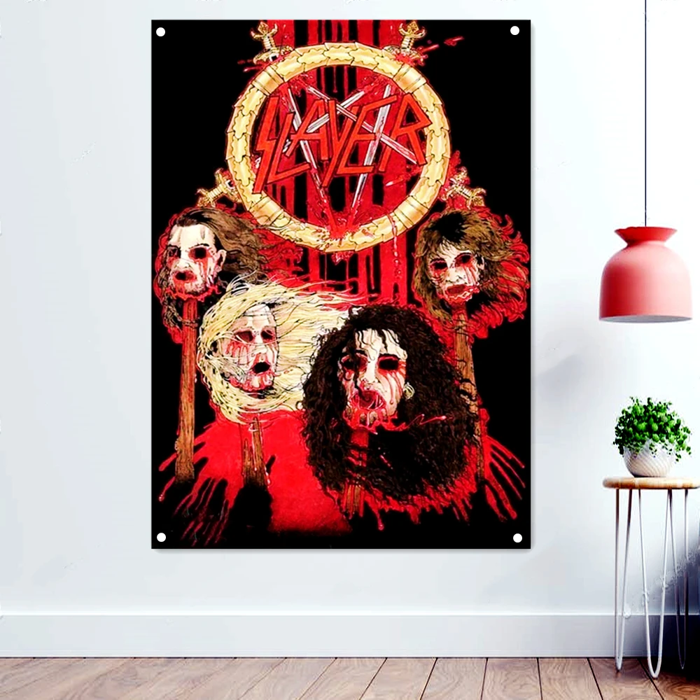 

Bloody Head Macabre Art Banner Wall Hanging Rock Band Icon Flag Death Metal Artist Posters Bloody Horror Skull Art Tapestry Gift