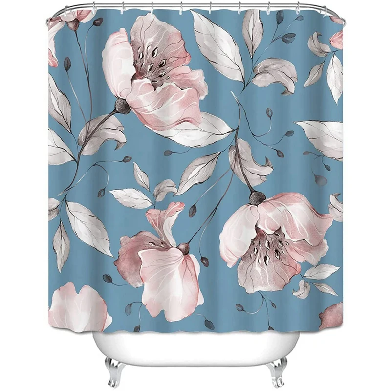 

BMDT-Floral Shower Curtains For Bathroom, Flowers Shower Curtain Set Blue Background Fabric Waterproof 72X72inch