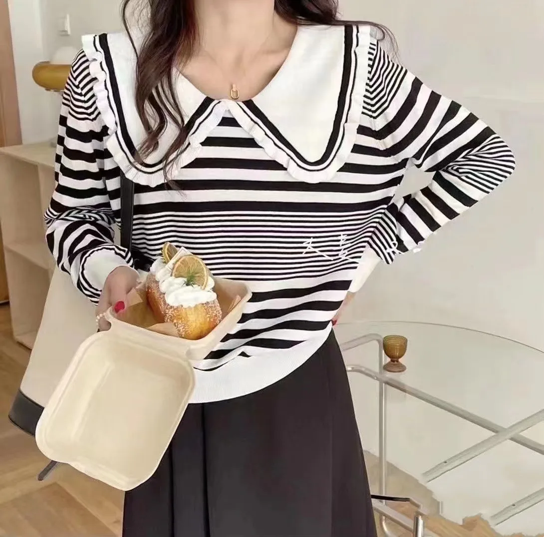 

Autumn Winter Women Long Sleeve Peter Pan Collar T-shirts Female Horizontal Stripe Print Tops Harajuku Knitted Bottomed Shirt
