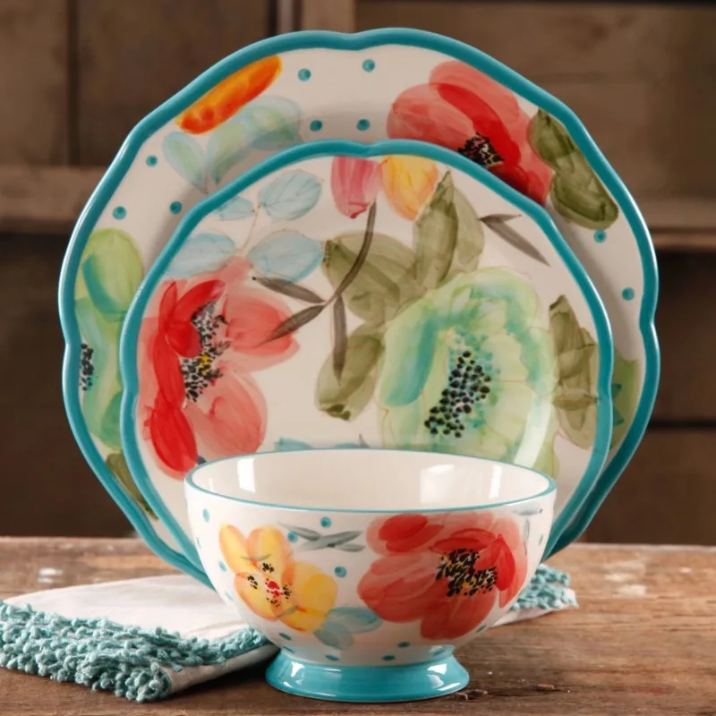 

Набор столовой посуды из 12 предметов в винтажном стиле с изображением пионерской женщины, набор бирюзовой посуды
