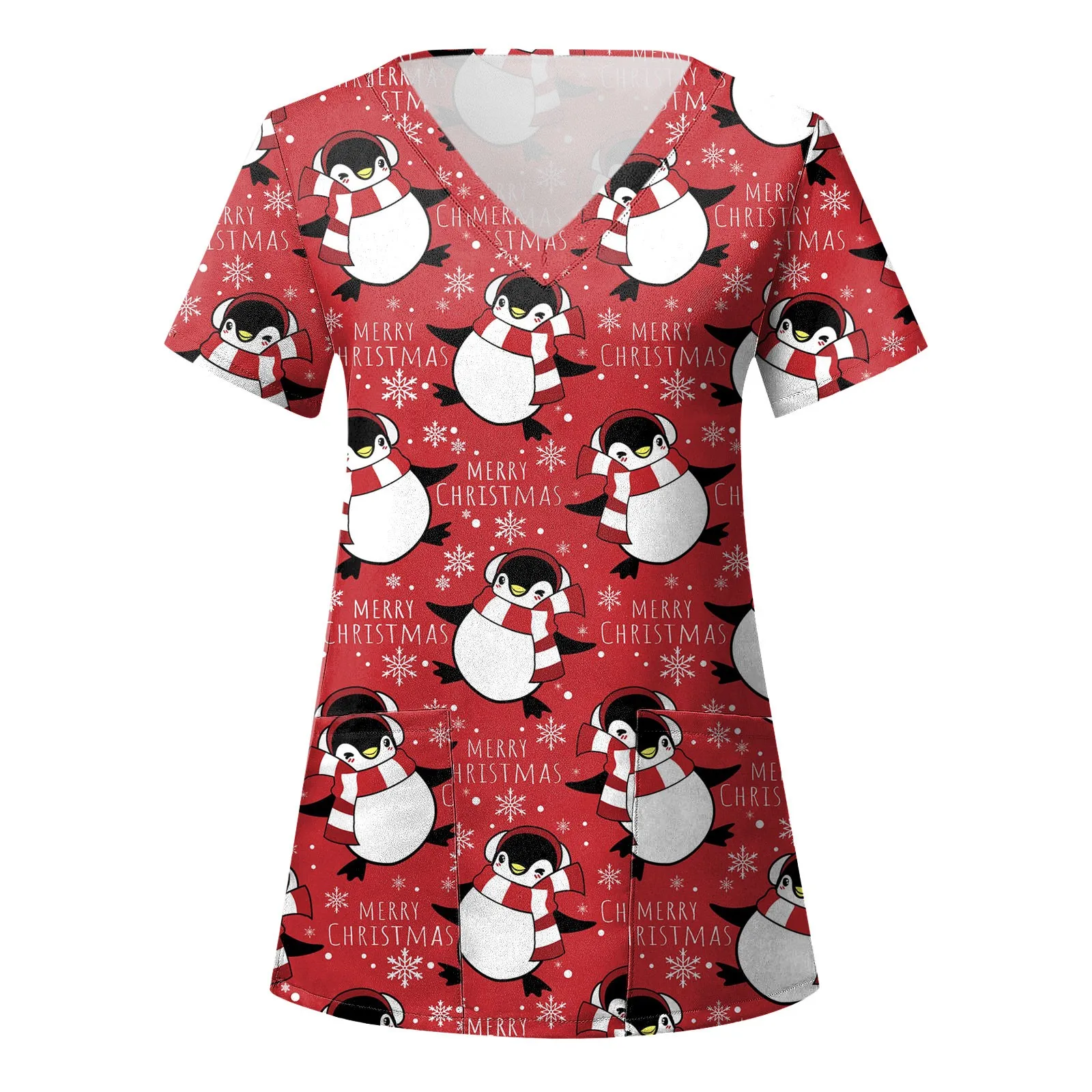 

Рождественские Женские топы, Повседневная Спецодежда с коротким рукавом и карманом с потертостями для ухода, спецодежда с Санта-Клаусом, ун...