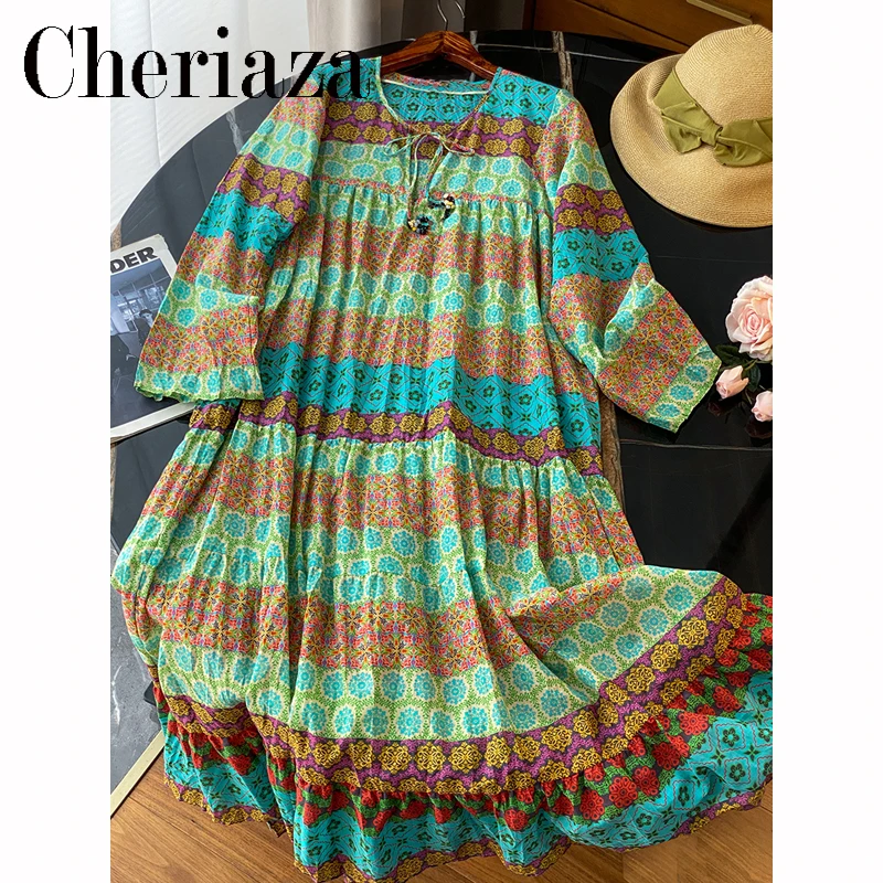 

2022 Summer Woman New Vintage Printing Midi Dress Long Sleeves Crew Neck Holiday Style Straight Dresses Bohemia Vestidos Mujer